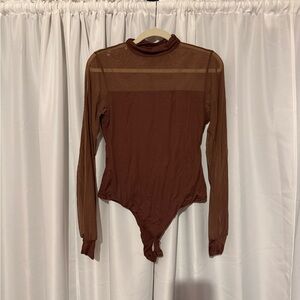 Brown Sheer Panel Long Sleeve Bodysuit